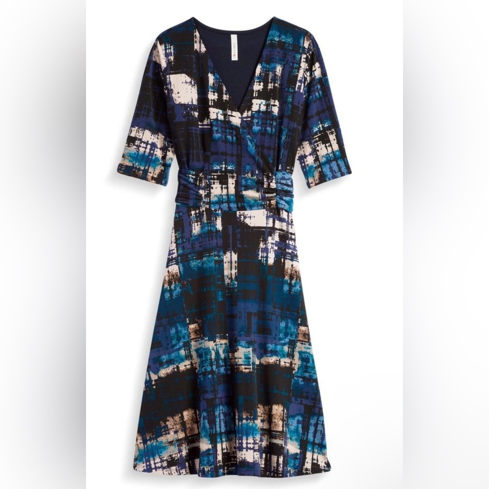 Gilli Faux Wrap Medium M Dress Stretch Jersey Knit Blue Black Abstract Print